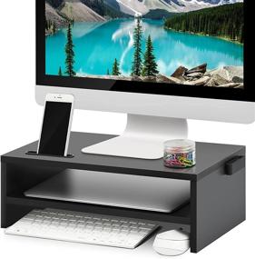 img 4 attached to Marbrasse 2 Tier Monitor Stand Riser - 16.5 Inch Computer Stand with Printer Shelf, Laptop Screen Storage, Phone Holder, and Cable Management - Black