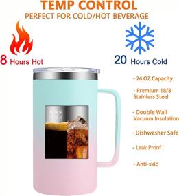 img 3 attached to 🥤 24 OZ Insulated Mug with Handle - Leak Proof Stainless Steel Coffee Cup | Flip Lid and Straw | Keeps Hot for 8 Hours | No Sweat Double Walled Water Canteen | Handled Tumbler | Dishwasher Safe