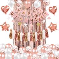 🎉 girl birthday party decorations set - rose gold happy birthday banner, confetti balloons, white balloons, foil balloon, tassels, foil fringe curtains - rose gold theme supplies logo