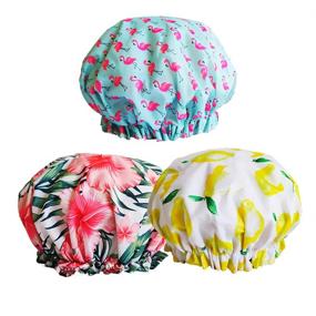 img 4 attached to Stylish Shower Cap 3 Pack for Women Long Thick Hair - Unicorn, Floral, Lemon Designs