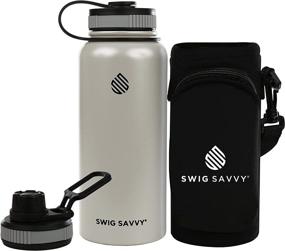 img 4 attached to 🌊 Swig Savvy Sports Water Bottle, 32oz - Vacuum Insulated Stainless Steel, Wide Mouth with 2 Leakproof Lids, Storage Sleeve Included (Beige)