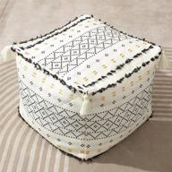 🔲 boho decorative pouf cover - unstuffed ottoman square cube bean bag with tassels &amp; soft tufted, modern accent footrest for living room, bedroom, nursery, kidsroom, patio – black логотип