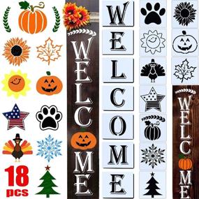 img 1 attached to 🎨 18 Piece Wood Painting Stencils Set- Reusable Porch Sign, Front Door Vertical Welcome Stencil Kit with Sunflower, Dog Paw, and Other Patterns- Style 1