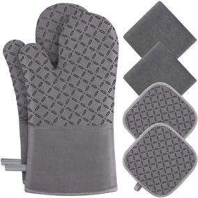 img 4 attached to KEGOUU 6pc Oven Mitts and Pot Holders Set – High Heat Resistant 500 Degree Kitchen Gloves with Non-Slip Silicone Surface (Grey)