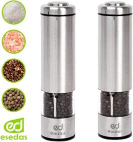 img 3 attached to Esedas Electric Salt and Pepper Grinder Set (2) - Battery Operated Stainless Steel Mill with Coarse Adjustable Mechanism - One Handed Shaker, LED Light, and Rubber Lid for Clean Kitchen Table