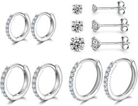 img 4 attached to 💎 Sterling Silver Hoop Earrings Set: Small Cartilage Ear Cuffs, Huggie Earrings with CZ Stones - Mini Piercings for Women & Girls