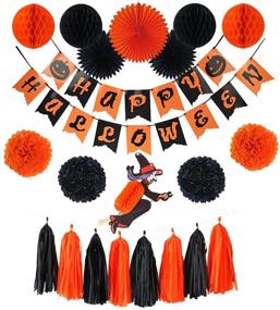 img 4 attached to 🎃 Halloween Party Decorations Set - 21 Pieces for Indoor & Outdoor Use: Witch, Banner, Paper Fan, Pom Pom, Honeycomb Ball, Tassel Garland – Orange and Black Theme for Birthday or Halloween Decor