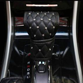 img 2 attached to 🔘 Uphily Black Leather Gear Shift Knob Cover with Sparkling Crystal Rhinestones for Ladies or Teens