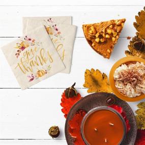 img 1 attached to 🍂 xo, Fetti Thanksgiving Gold Foil Napkins - 50 count: Give Thanks Decorations for Fall Table Décor with Autumn Leaves, Pumpkins, and Elegant Gold Foil Design