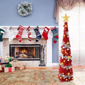 img 1 attached to 5 Feet Pop Up Christmas Collapsible Artificial Tree, Small Thin Red and Silver Tinsel Sequin with 60 String Lights and Gold Tree Top Star - Ideal for Indoor and Outdoor Holiday Party Decorations