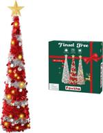 5 feet pop up christmas collapsible artificial tree, small thin red and silver tinsel sequin with 60 string lights and gold tree top star - ideal for indoor and outdoor holiday party decorations логотип