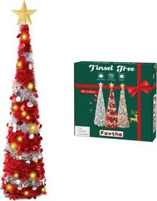 img 4 attached to 5 Feet Pop Up Christmas Collapsible Artificial Tree, Small Thin Red and Silver Tinsel Sequin with 60 String Lights and Gold Tree Top Star - Ideal for Indoor and Outdoor Holiday Party Decorations