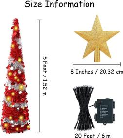 img 3 attached to 5 Feet Pop Up Christmas Collapsible Artificial Tree, Small Thin Red and Silver Tinsel Sequin with 60 String Lights and Gold Tree Top Star - Ideal for Indoor and Outdoor Holiday Party Decorations