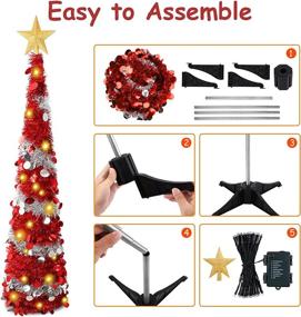 img 2 attached to 5 Feet Pop Up Christmas Collapsible Artificial Tree, Small Thin Red and Silver Tinsel Sequin with 60 String Lights and Gold Tree Top Star - Ideal for Indoor and Outdoor Holiday Party Decorations