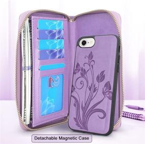 img 3 attached to Lacass For IPhone 8/7/6/IPhone SE 2020 Crossbody Chain Dual Zipper Detachable Magnetic Leather Wallet Case Cover Wristlets Wrist Strap Card Slot Money Pocket(Floral Purple)