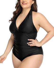 img 1 attached to 💃 Daci Women Plus Size Halter One Piece Swimsuits: Ultimate Tummy Control, Ruched Backless Bathing Suits with V-Neck Swimwear