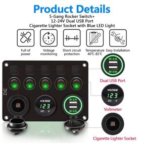 img 1 attached to 🌊 Waterproof Blue LED FXC 5 Gang Rocker Switch Panel with Dual USB Slot Socket 5V 4.2A + Cigarette Lighter + Voltmeter for Marine Boat Car Rv Truck Vehicles 12-24V (5B Green)