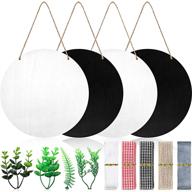 🔲 unfinished wooden circle signs for diy crafts decor - set of 4 round welcome wood hanging signs with twine, ribbons, and artificial leaves (black & white) logo