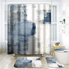 img 4 attached to ArtSocket 4-Piece Blue Grey Abstract Shower Curtain Set with Non-Slip Rugs - Vintage Retro Bathroom Decor