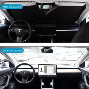 img 1 attached to 🌞 Chirano Sunshade: Exclusively Designed for Tesla Model 3/Y - Double Layer Light Blocking Fabric, Foldable Design, Complete front Windshield Coverage - Comes with Storage Bag. [Tesla Accessories]