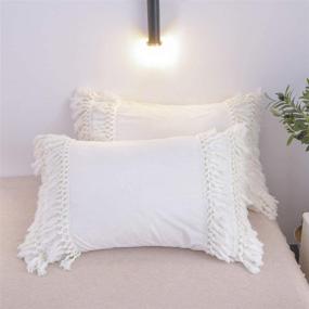 img 1 attached to 🛏️ Boho Velvet California King Duvet Cover Set - Vintage Fringed Flannel Bedding with Tassels and Ruffles - Zipper Ties - Winter White - Brandream