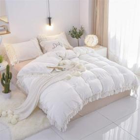 img 4 attached to 🛏️ Boho Velvet California King Duvet Cover Set - Vintage Fringed Flannel Bedding with Tassels and Ruffles - Zipper Ties - Winter White - Brandream