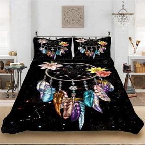 img 1 attached to 🌌 Bohemian Dream Catcher Queen Size Comforter Set - Colorful Feather and Floral Print on Black Duvet Cover - Starry Sky Theme Microfiber Quilt Set for Girls and Women