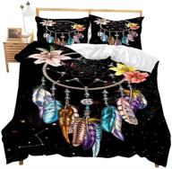 🌌 bohemian dream catcher queen size comforter set - colorful feather and floral print on black duvet cover - starry sky theme microfiber quilt set for girls and women logo