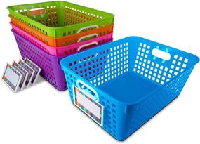 img 4 attached to 🗄️ Neon 5 Pack Plastic Bins with Clip-On Labels - Perfect for Storage & Organizing - Large Size: 13" x 10" - Ideal for Classroom, Pantry, Bathroom, Closet, or Laundry Organization - Basket Organizer Containers for Kids, Teachers, or Parents