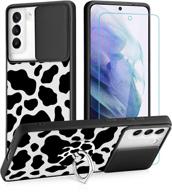 🐄 stylish and protective samsung galaxy s21 plus 5g case: clear matte cow print design with screen protector, ring holder, kickstand, and camera slide cover - translucent tpu bumper case for s21 plus 5g 6.7' - perfect for women and girls! logo