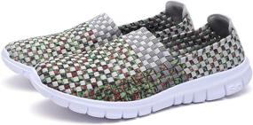 img 2 attached to 👟 Comfortable Multicolor Elasticized Fabric Plaid Weave Flats Slip-On Walking Shoes for Women