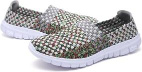 img 3 attached to 👟 Comfortable Multicolor Elasticized Fabric Plaid Weave Flats Slip-On Walking Shoes for Women