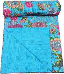 img 2 attached to 🛏️ Indian Handmade Cotton Turquoise Fruits Print Kantha Quilt Tribal Bed Cover Reversible Bedspread Blanket Picnic Throw Floral Coverlet 108x90 Inches by Bhagyashri Fashions