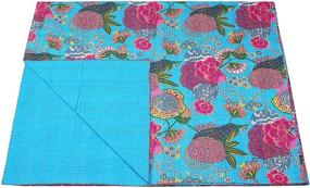 img 3 attached to 🛏️ Indian Handmade Cotton Turquoise Fruits Print Kantha Quilt Tribal Bed Cover Reversible Bedspread Blanket Picnic Throw Floral Coverlet 108x90 Inches by Bhagyashri Fashions