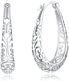 img 4 attached to 💍 925 Sterling Silver Small Oval Hoop Earrings for Women Girls | Vintage Filigree Hollow-out Texture Flower Teardrop Huggie Hoops | Hypoallergenic Click Top Pierced Jewelry Gifts | Birthday, Mom