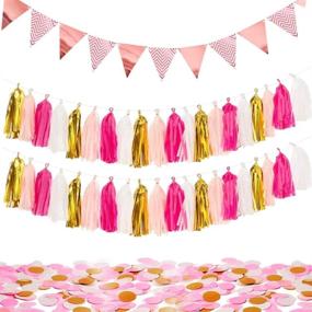 img 4 attached to 🎉 MerryNine Sparkly 40PCS Gold Pink Tassel Garland with 15PCS Paper Pennant Banner Triangle Flags Bunting and 10g Gold Paper Confetti Set