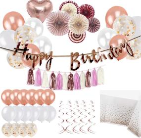 img 4 attached to Rose Gold Women's Birthday Party Decorations Set | Shiny Happy Birthday Banner, Foil Heart Balloons, Hanging Fans, Backdrop, Tablecloth, Swirl Garland, Tassels | Ideal for Baby Showers, Bridal Showers, Weddings & Bachelorette Parties