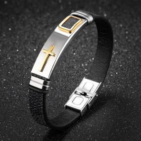 img 3 attached to Men's Stainless Steel and Silicone Leather StarLight Cross Religious Bracelet – Stylish Cuff Bangle for Teen Boys and Men