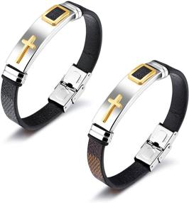 img 1 attached to Men's Stainless Steel and Silicone Leather StarLight Cross Religious Bracelet – Stylish Cuff Bangle for Teen Boys and Men