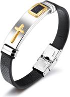 men's stainless steel and silicone leather starlight cross religious bracelet – stylish cuff bangle for teen boys and men logo