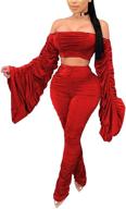 🔥 remxi women's sexy 2 piece off shoulder long sleeve top with solid ruched stacked bodycon pants set - clubwear logo