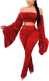 img 4 attached to 🔥 Remxi Women's Sexy 2 Piece Off Shoulder Long Sleeve Top with Solid Ruched Stacked Bodycon Pants Set - Clubwear