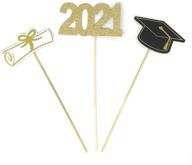 enhance your graduation celebration with papergala's double sided graduation 2021 centerpiece sticks - set of 3 stunning graduation hat, diploma, and year floral picks adorned with glitter and foil (gold-2021) logo