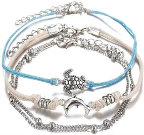 img 4 attached to FL BEAUTY Multilevel Organizational Turtles and Dolphins 🐢 Charms Beach Ankle Bracelets - Silver Plated 3pcs Set