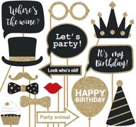 🎉 complete birthday photo booth props - 30 piece box set of black & gold selfie party supplies and decorations kit with real glitter - stylish bday designs for women, no diy required logo