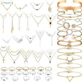 img 4 attached to Exquisite 52-Piece Gold Jewelry Set: Choker Necklace, Rings, Vintage Star Moon Knuckles, Stackable Bracelets & Adjustable Bangles