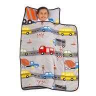 👷 kids construction toddler nap mat with pillow & blanket in grey, red, yellow & blue logo