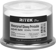 📀 50 pack ritek pro (professional grade) water resistant cd-r 52x 700mb watershield glossy white inkjet hub printable blank recordable discs logo