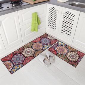 img 3 attached to 🌼 Carvapet Vintage Design Boho Style Non-Slip Kitchen Mat Runner Set - Hexagon (15"x47" + 15"x23") for Better SEO
