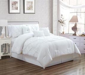 img 2 attached to 🛏️ Grand Linen Queen Size Solid White Stripe Comforter Set - Double-Needle Stitched with Pinch Pleat Puckered Design - Includes 1 Comforter, 3 Decorative Pillows, 1 Bed Skirt, and 2 Shams